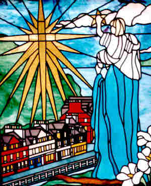 Star of the
                                    Sea Window, designed and made by Pat
                                    McCoy